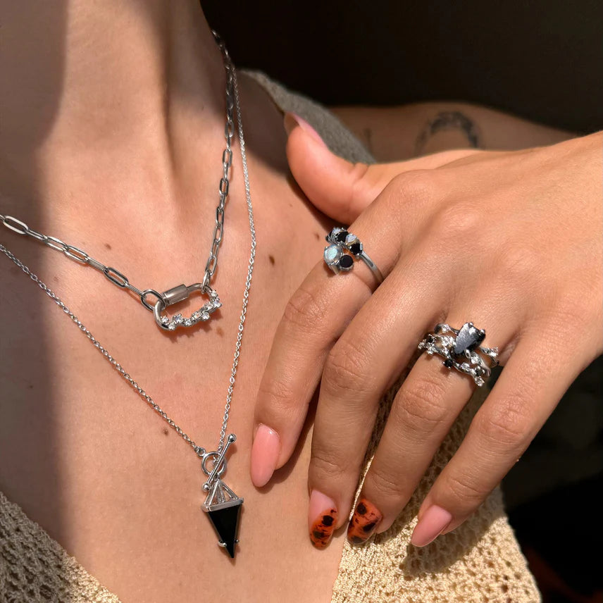 Black Obsidian Flow Ring & Black Onyx Stardust Band