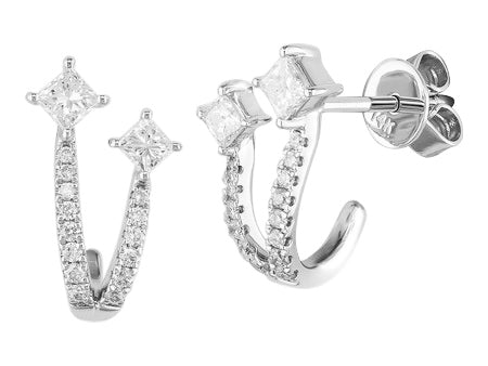 14K White Gold Princess Cut Diamond Half Hoop Earrings