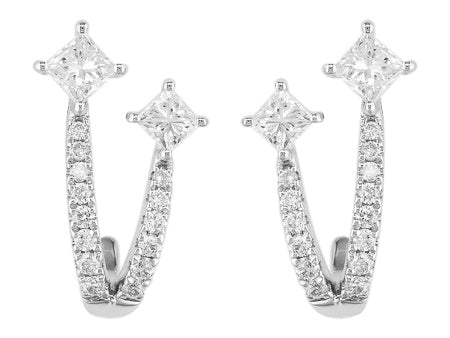 14K White Gold Princess Cut Diamond Half Hoop Earrings