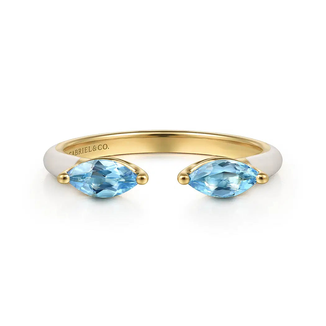 Enamel - 14K Yellow Gold Blue Topaz Open Stackable with White Enamel