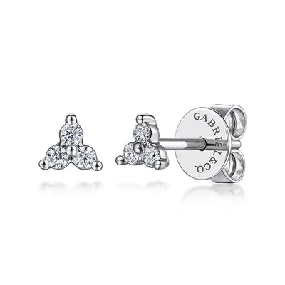 14K White Gold Three Diamond Cluster Stud Earrings