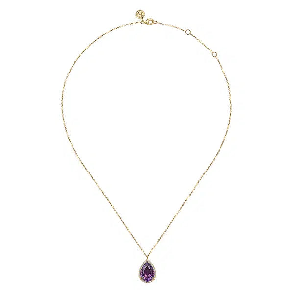 14K Yellow Gold Diamond and Flat Teardrop Amethyst Necklace With Flower Pattern J-Back