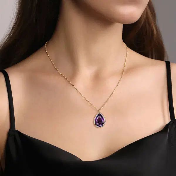 14K Yellow Gold Diamond and Flat Teardrop Amethyst Necklace With Flower Pattern J-Back
