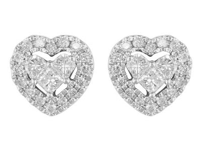 18K White Gold Princess Cut Diamond Heart Stud Earrings