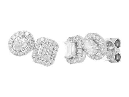 18K White Gold Emerald Oval Cut Diamond Stud Earrings