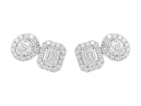 18K White Gold Emerald Oval Cut Diamond Stud Earrings