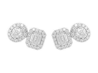 18K White Gold Emerald Oval Cut Diamond Stud Earrings