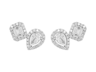 18K White Gold Octagon and Pear Cut Diamond Stud Earrings