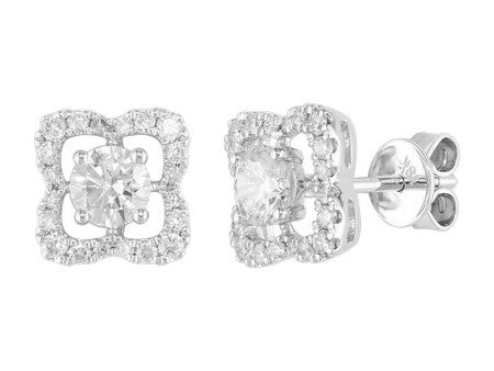 18K White Gold Round Brilliant Diamond Clover Stud Earrings