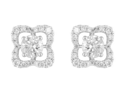 18K White Gold Round Brilliant Diamond Clover Stud Earrings