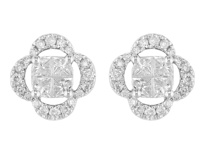 18K White Gold Four Leaf Clover Princess Cut Stud Earrings