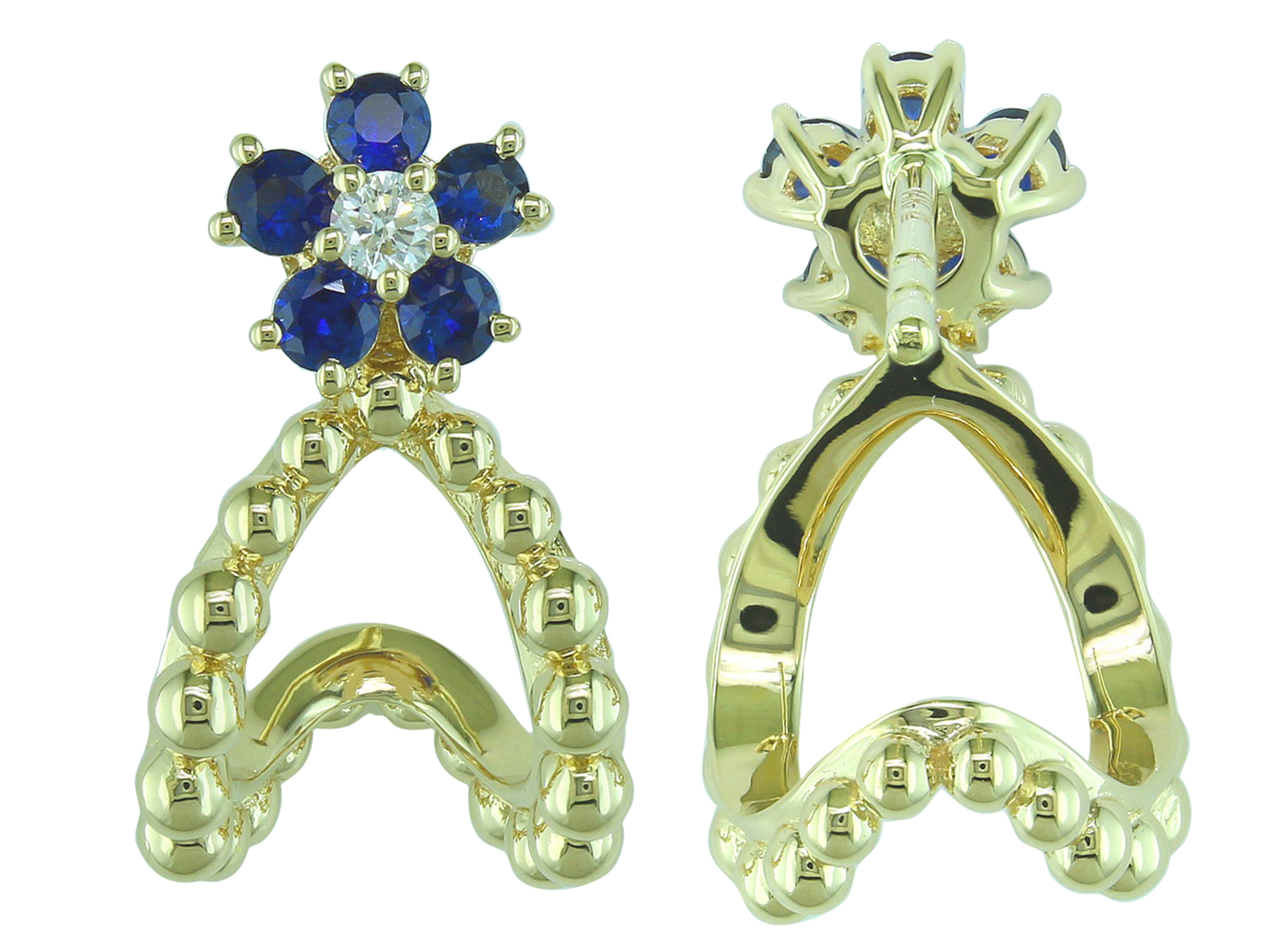 14K Yellow Gold Sapphire and Diamond Flower Earrings