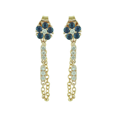 14K Yellow Gold Sapphire and Diamond Flower Chain Earrings