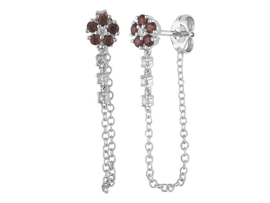 14K White Gold Ruby Flower Chain Earrings