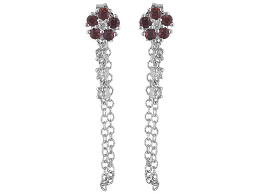 14K White Gold Ruby Flower Chain Earrings
