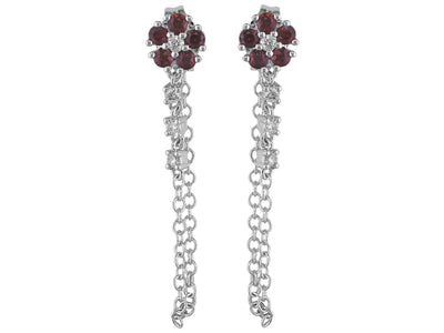 14K White Gold Ruby Flower Chain Earrings