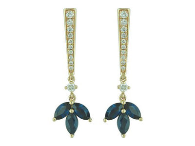 14K Yellow Gold Marquise Cut Sapphire and Diamond Drop Dangle Earrings