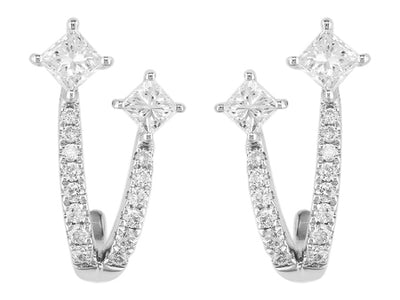 14K White Gold Princess Cut Diamond Half Hoop Earrings
