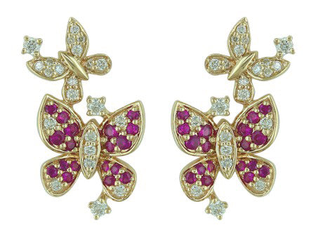 14K Yellow Gold Ruby and Diamond Butterfly Earrings