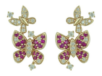 14K Yellow Gold Ruby and Diamond Butterfly Earrings
