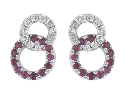 14K White Gold Double Circle Ruby and Diamond Stud Earrings