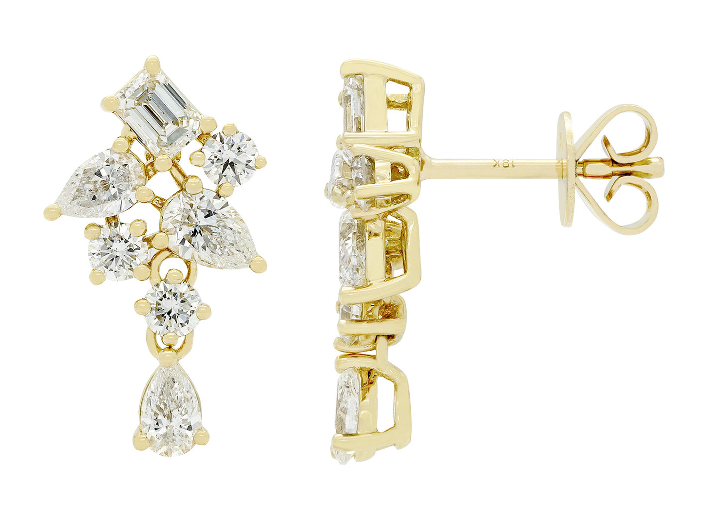 18K Yellow Gold Fancy Cut Cluster Drop Earrings