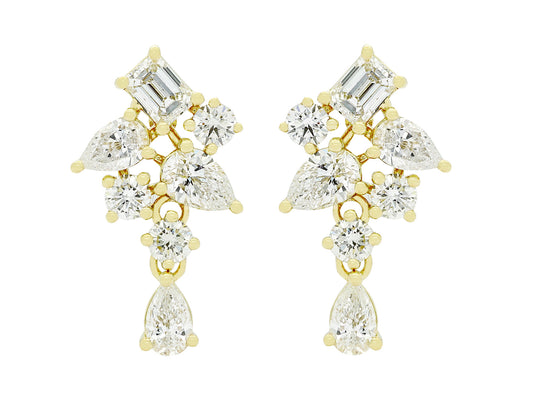 18K Yellow Gold Fancy Cut Cluster Drop Earrings