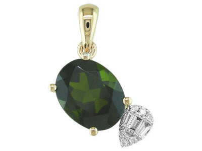 14K Yellow & White Gold Oval Green Tourmaline Diamond Pendant