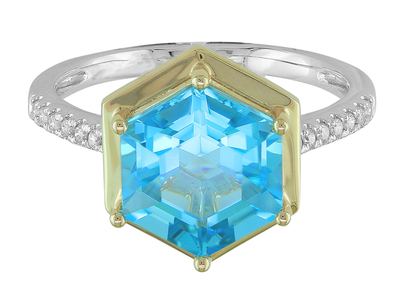 14K Gold Birthstone Ring Bezel Set Hexagonal Two Tone Gold